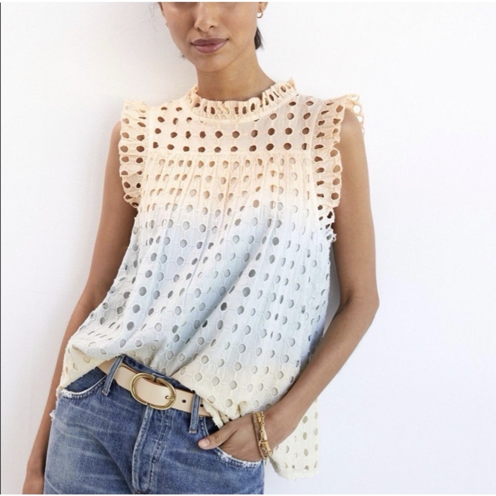 Anthropologie Ollari Ruffled Eyelet Tank Top XS Peach Blue Ombre Cotton Blouse - Picture 2 of 8